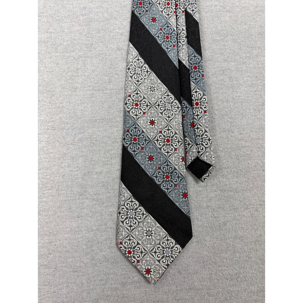 Vintage 60s Tie Black Grey Red Medallion Stripe Dacron Polyester 4 Inch